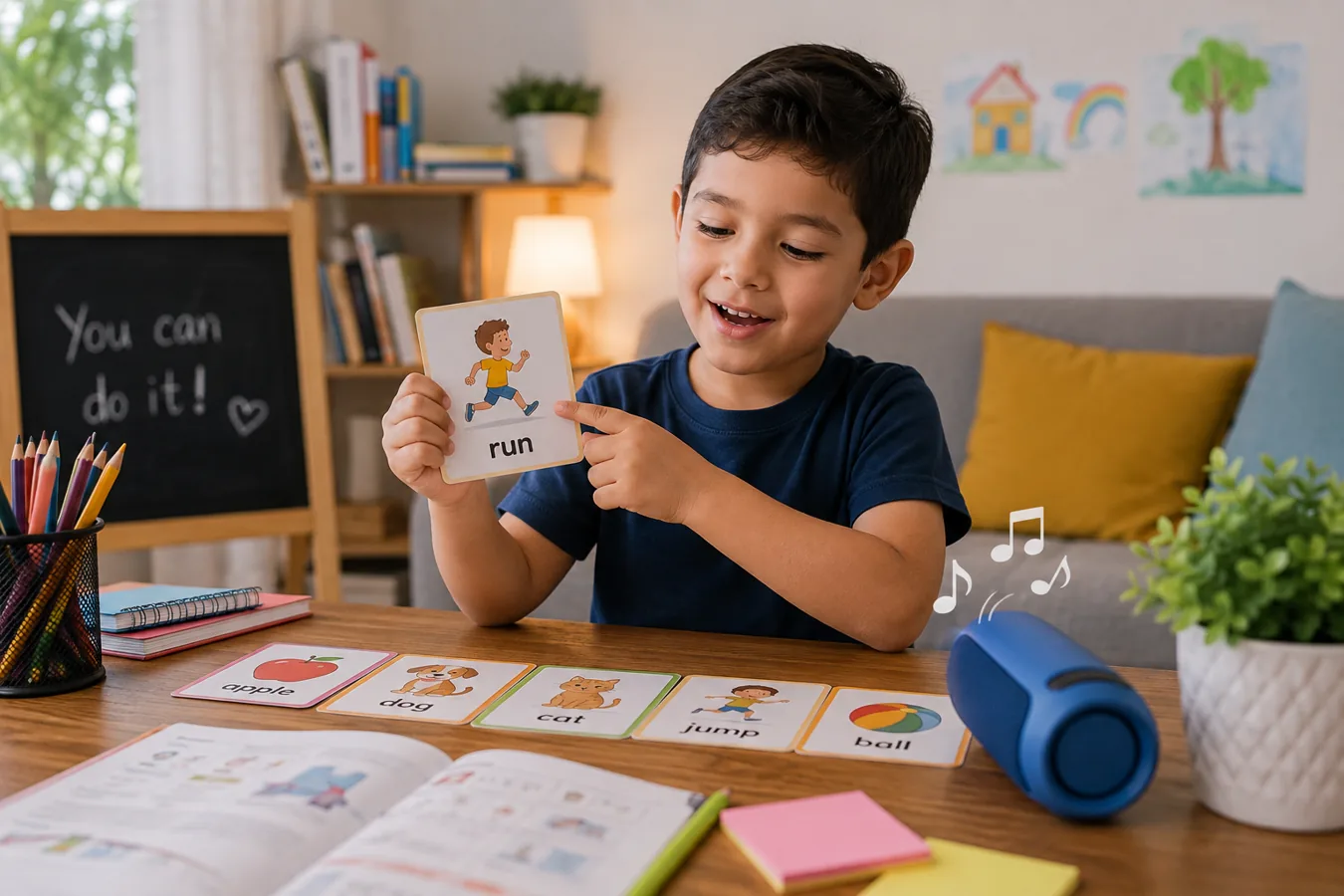 Niño aprendiendo inglés en casa con actividades educativas